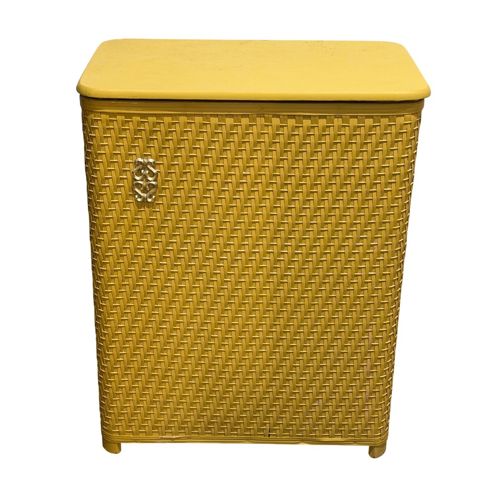 Vintage MCM Mustard Yellow Wicker Laundry Hamper Padded Lid 20x11.5x25.5
